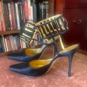 Black satin ankle strap shoes
